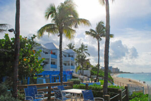 Part of the outdoor patio at a Paradise Island resort close to Bahamas landmarks.