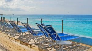 Waterfront chairs at a Nassau resort to relax in after scuba diving.