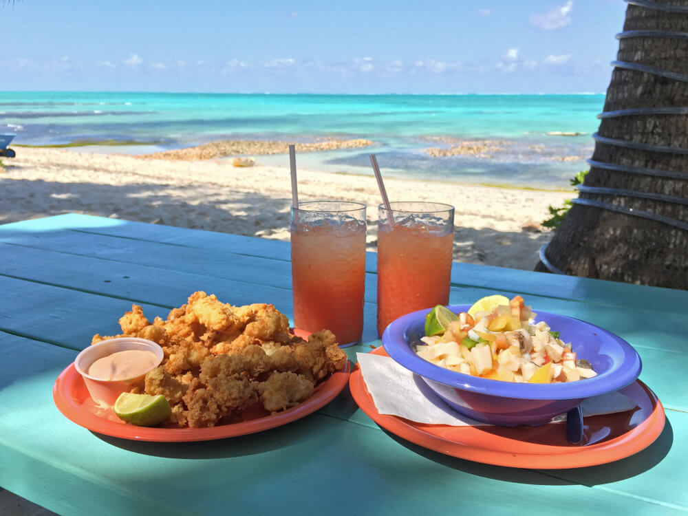 Food and drinks found at The Fish Fry on Nassau.